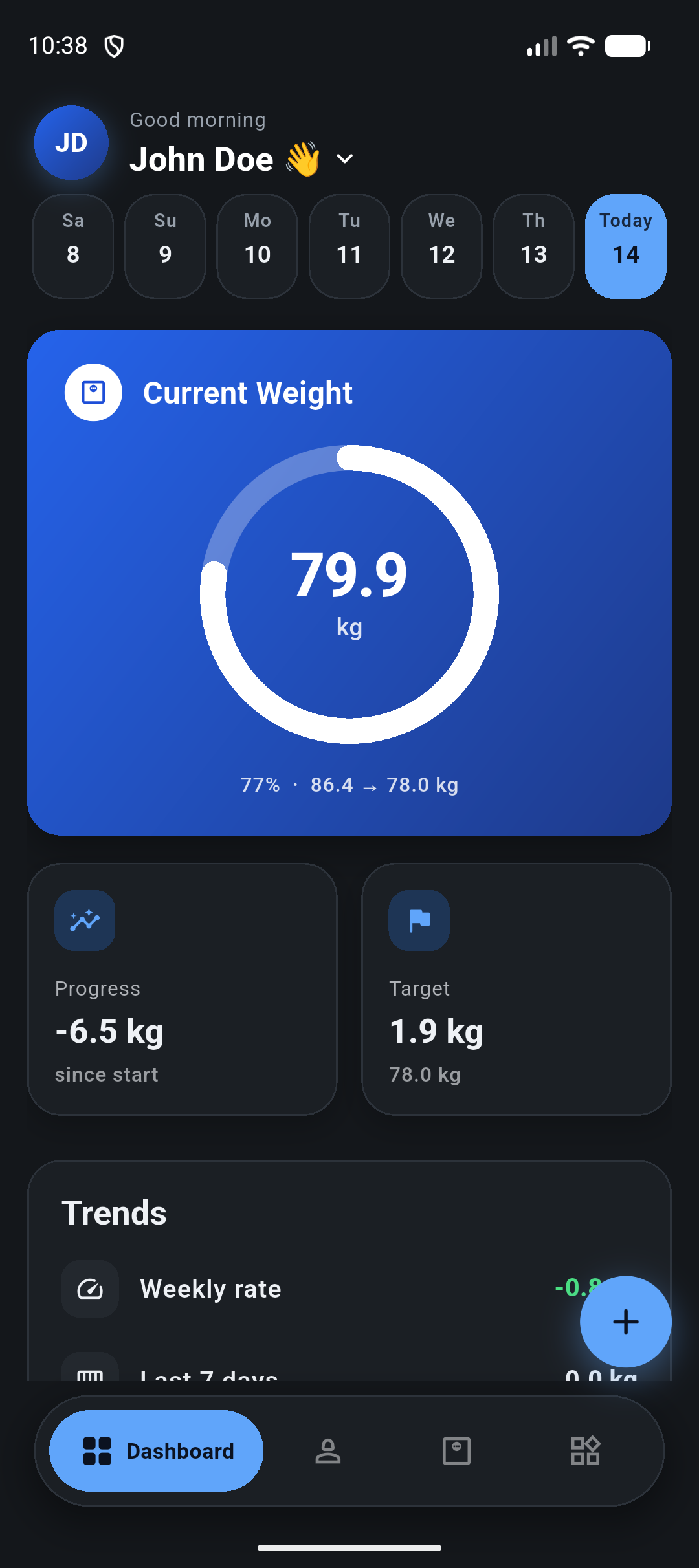 Weight Journal dashboard in dark theme