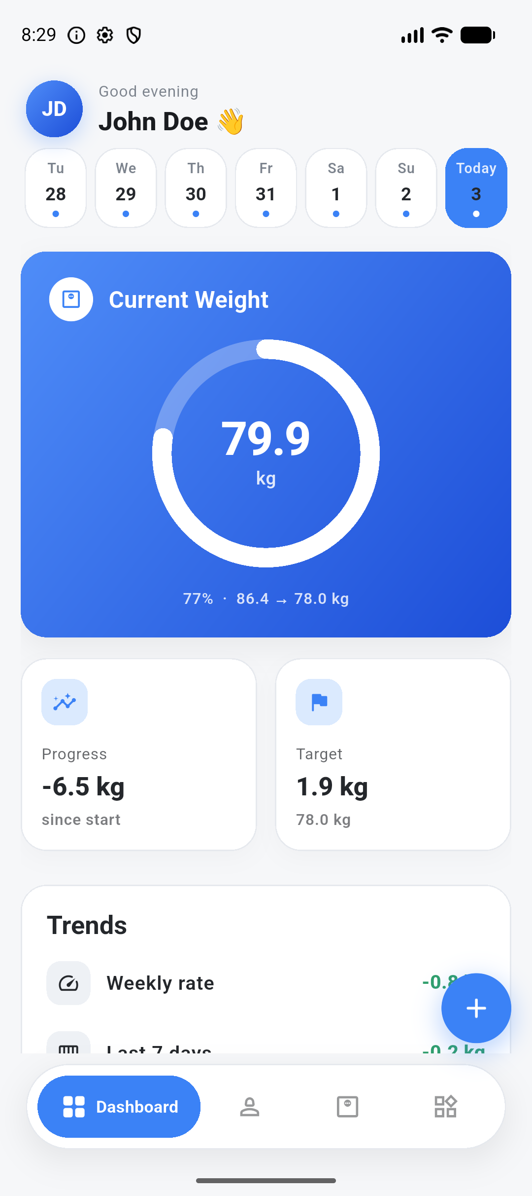 Weight Journal dashboard with current weight and BMI