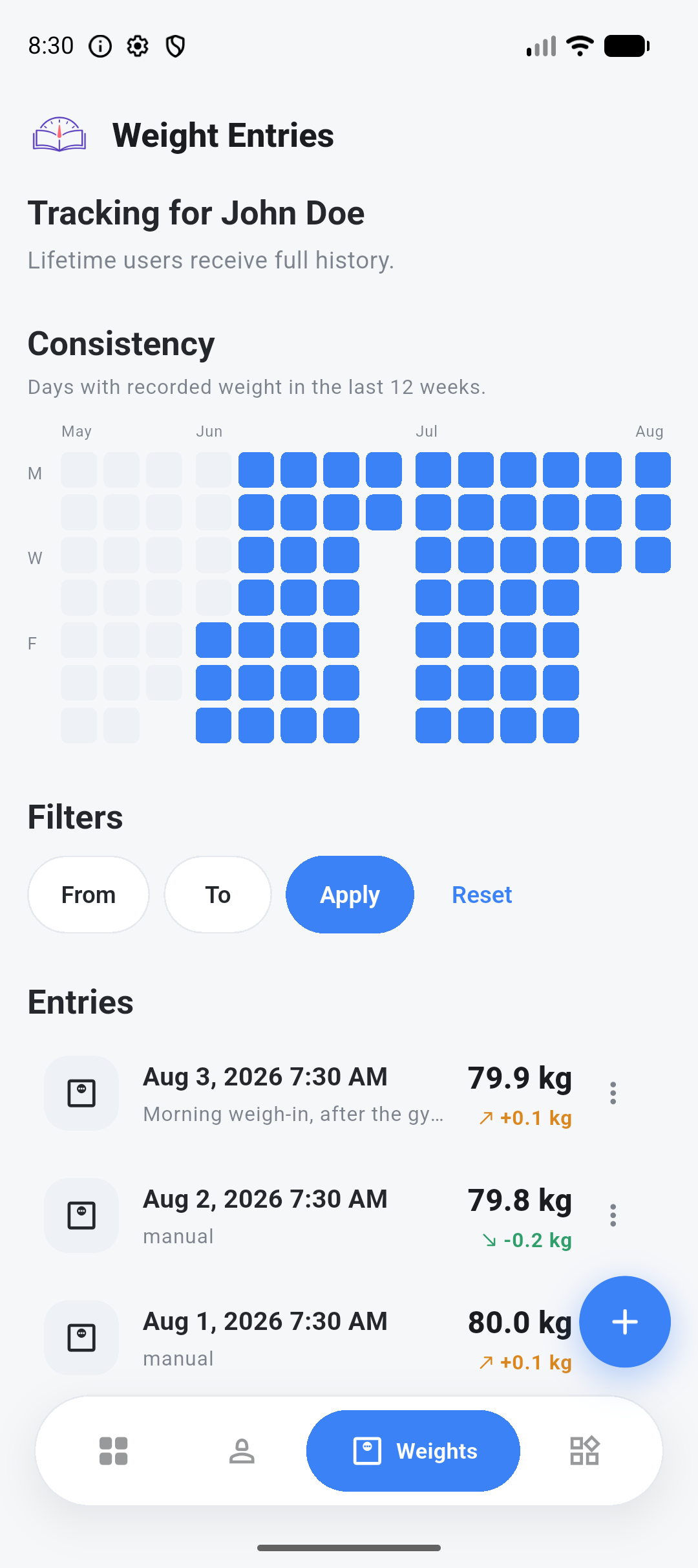 Entry list and consistency calendar in Weight Journal