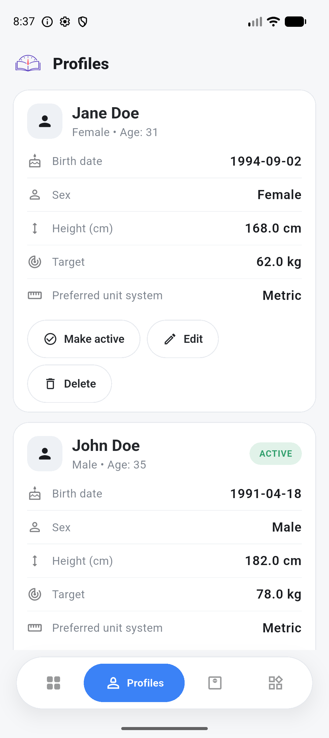 Active profile with height, target, and units in Weight Journal